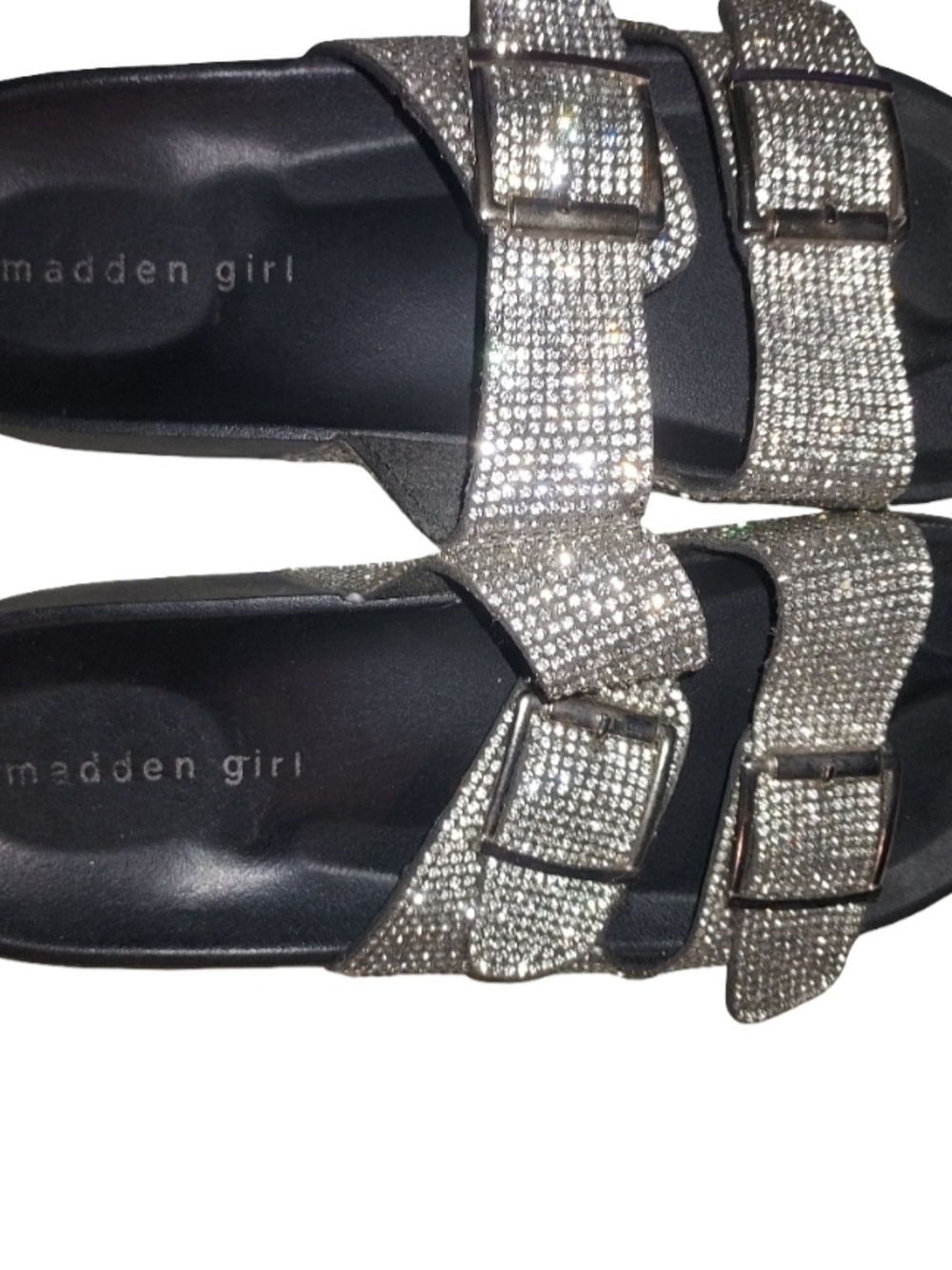 Madden Girl Silver Rhinestone Double-Buckle Slide Sandals